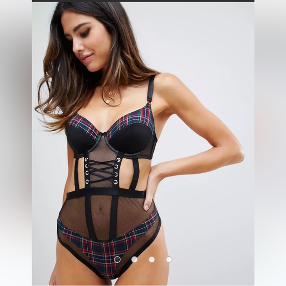 ASOS DESIGN Zola Plaid Mesh Lace Up Bodysuit Corset Underwear Camisole 34B - Picture 2 of 11